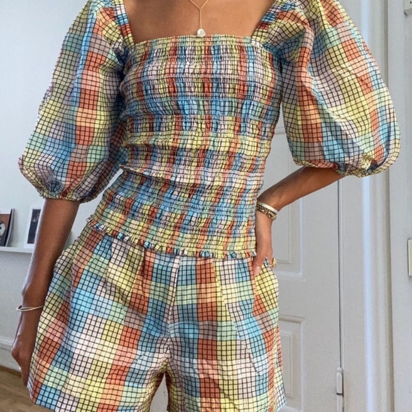 NEW Ganni Seersucker Check Smock Top Multicolor 32 - Picture 1 of 15